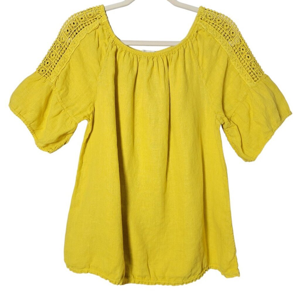 Terzo Millennio Womens Butter Yellow Linen Boho Beachy Crochet Sleeve Top Large